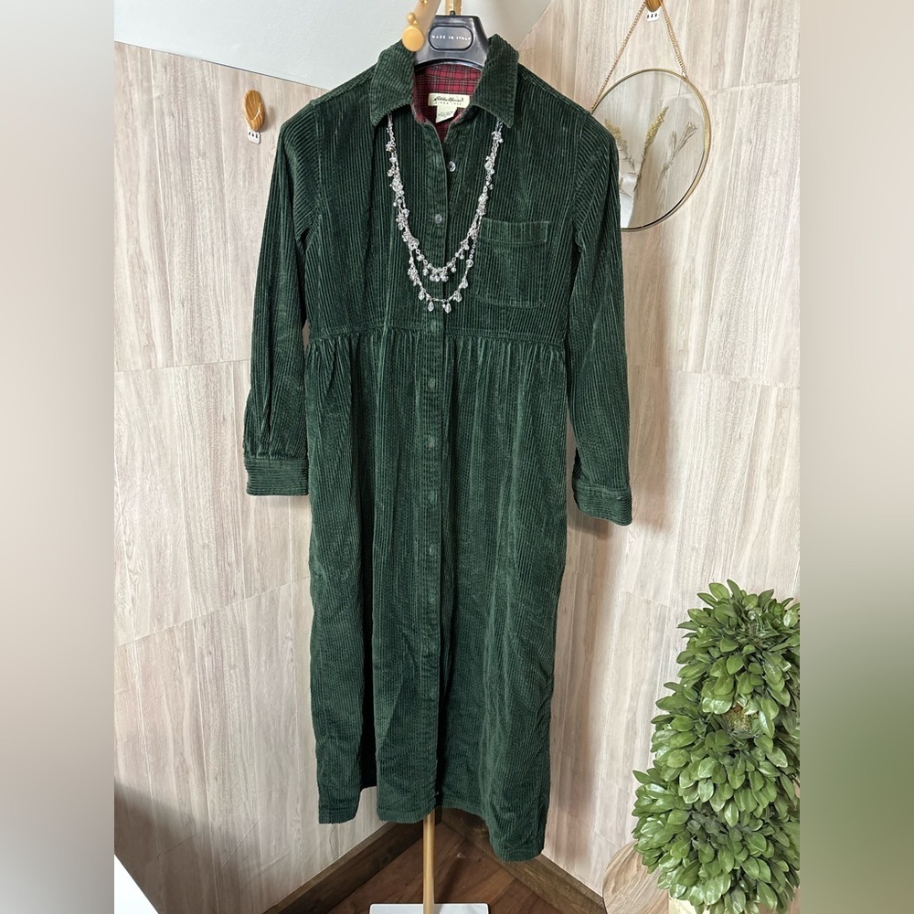 Eddie Bauer Vintage Maxi Button Down Forest Green Corduroy Shirt Dress Petite